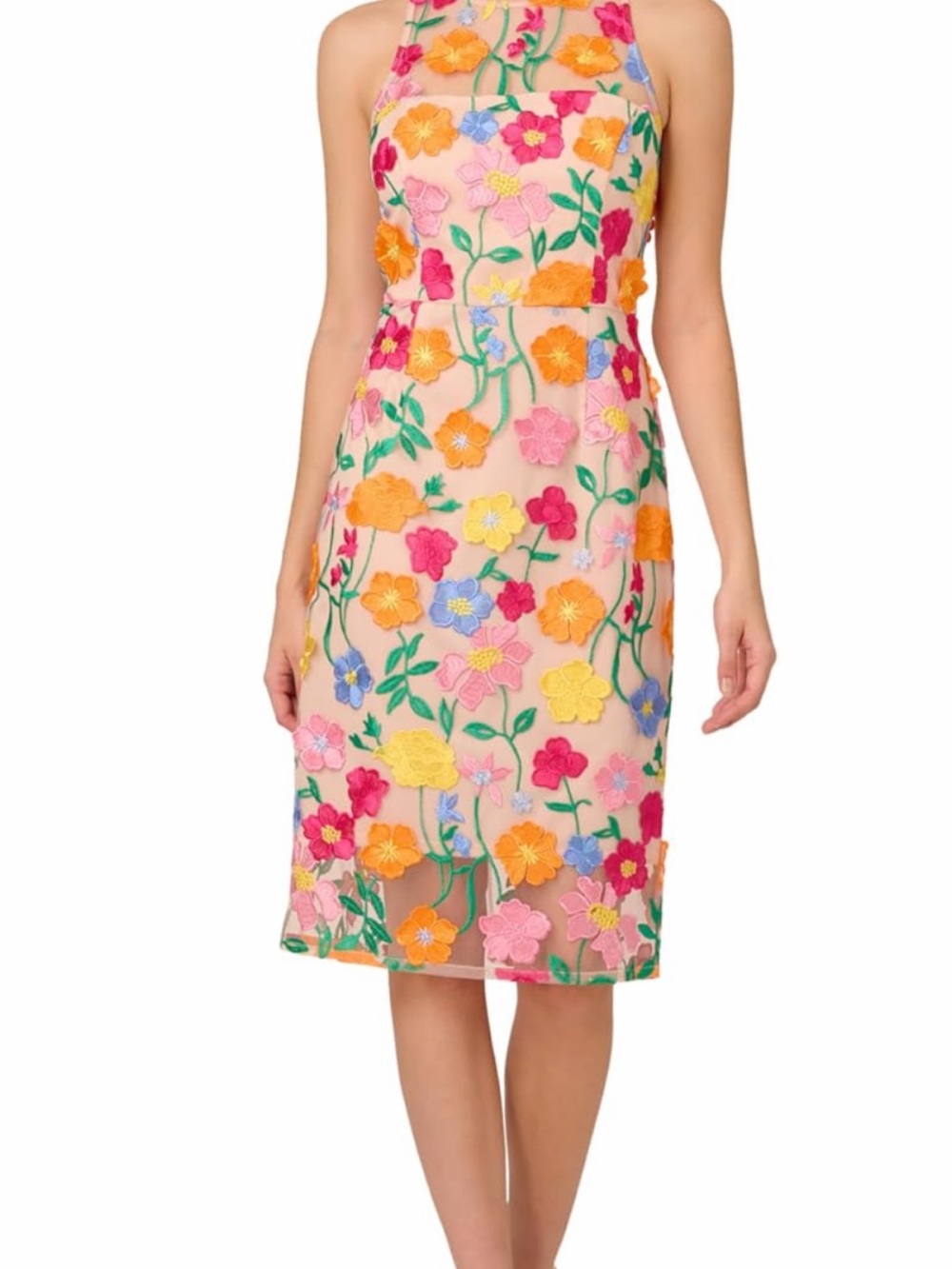 Adrianna Papell Peach Midi Dress with Multicolor Floral Appliqué
